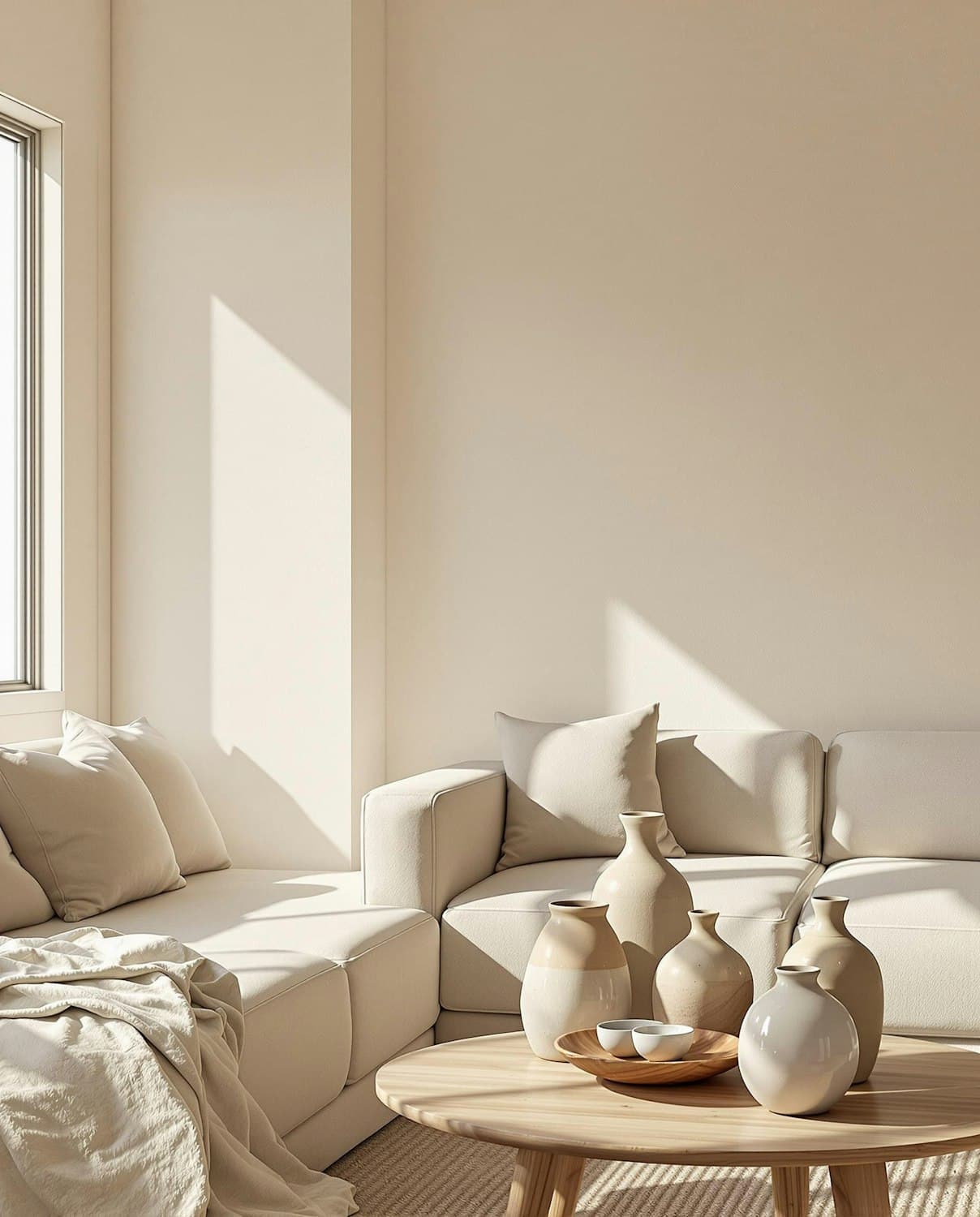 Sunlit living room with a cream sofa and handmade ceramic vases on a round wooden table