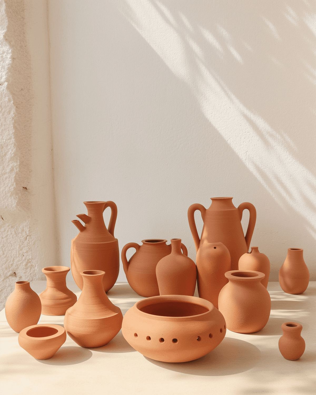 A collection of handmade terracotta vases, jugs and bowls in afternoon light